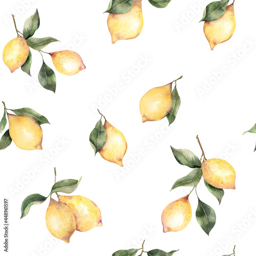 Watercolor citrus seamless pattern for fabric. Lemon seamless pattern for home decor, textile, wedding, Mediterranean repeat background for packaging, wrapping paper, cards, stationery, posters