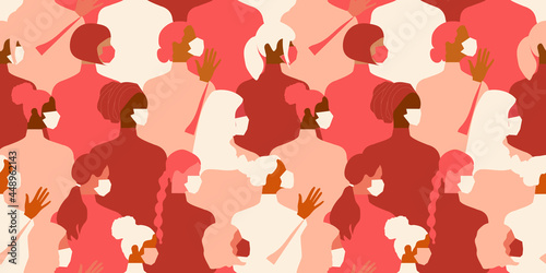 A crowd of young and old women wearing medical masks. Seamless pattern of people of different nationalities and religions in pastel pink shades. Coronavirus quarantine concept. Vector.
