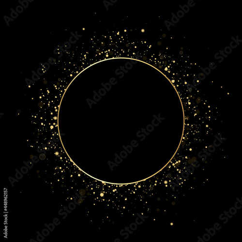Vector round gold frame with glitter and flares.
