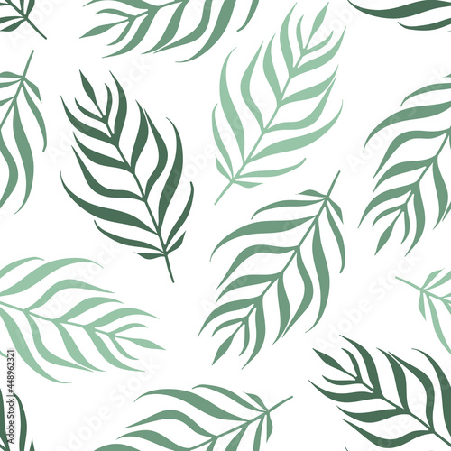 Vector Palm Tree Leaves in Sage Green Color on White seamless pattern background. Perfect for fabric, wallpaper and scrapbooking projects.