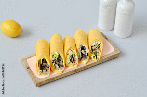 A set of beautiful canapes on a table with a gray tablecloth. Buffet table. Catering