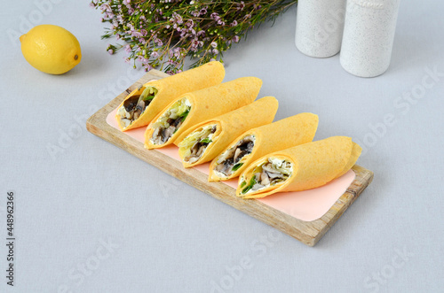 A set of beautiful canapes on a table with a gray tablecloth. Buffet table. Catering