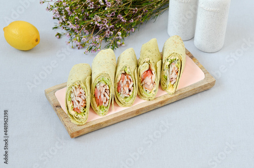 A set of beautiful canapes on a table with a gray tablecloth. Buffet table. Catering