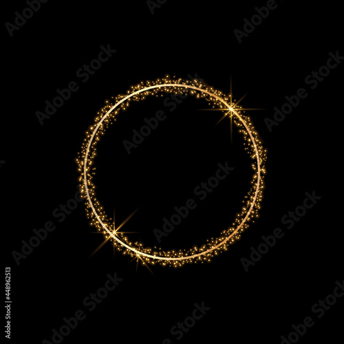 Vector round gold frame with glitter and flares.