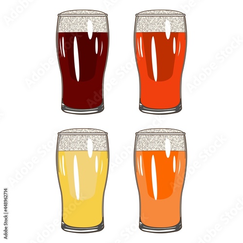 Set with craft beer in tulip pints for banners, flyers, posters, cards. Light and dark beer, ale, and lager. Beer Day. October fest. Cartoon style. Vector illustration isolated on white background.