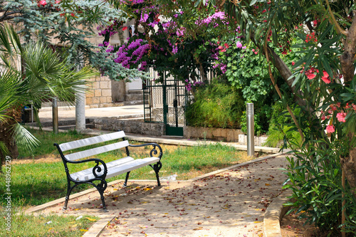 The white empty bench under the blooming trees, Korcula town, Korcula island, Croatia
