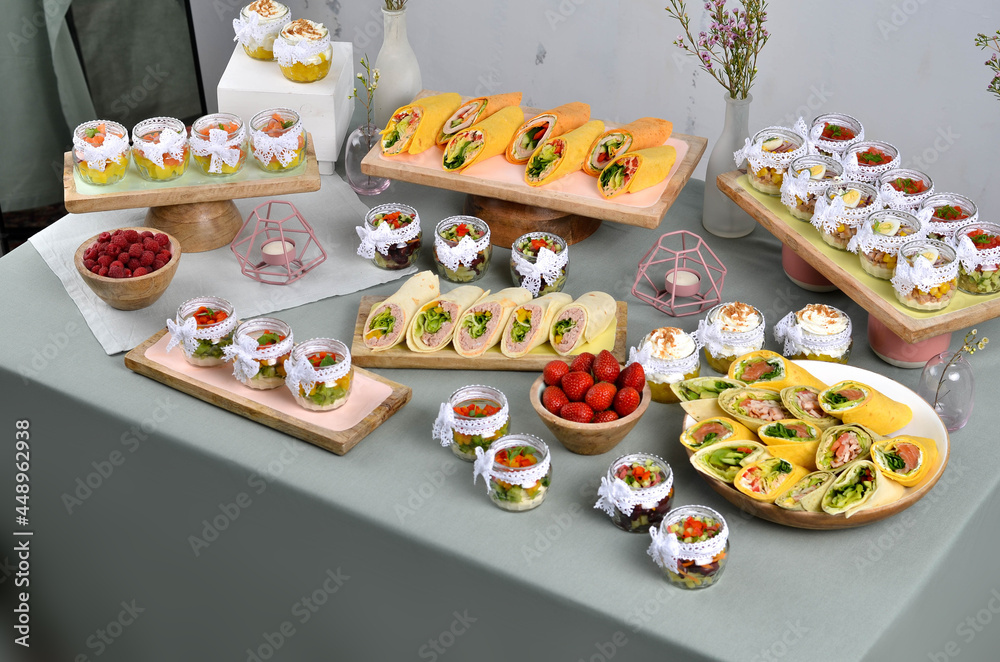 Several beautiful and delicious dishes for a buffet or banquet. A restaurant. Catering.