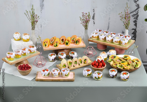 Several beautiful and delicious dishes for a buffet or banquet. A restaurant. Catering.