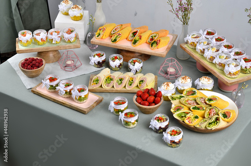 Several beautiful and delicious dishes for a buffet or banquet. A restaurant. Catering.