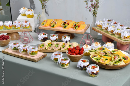 Several beautiful and delicious dishes for a buffet or banquet. A restaurant. Catering.