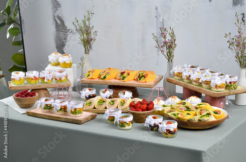 Several beautiful and delicious dishes for a buffet or banquet. A restaurant. Catering.