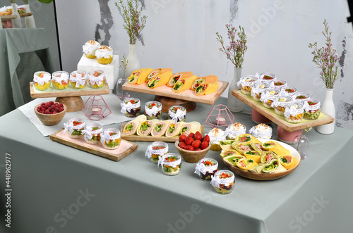 Several beautiful and delicious dishes for a buffet or banquet. A restaurant. Catering.