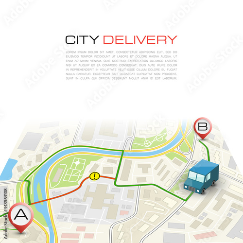 City map navigation delivery route, point markers delivery van, drawing schema itinerary delivery car, city plan GPS navigation, itinerary destination arrow city map Route delivery check point graphic