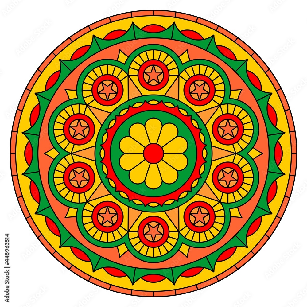 Bright round mandala with flower pattern isolated on white background. Vector image.