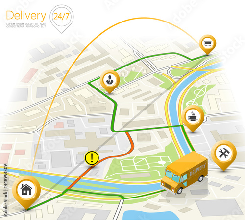 Delivery navigation route, City map point marker isometric delivery van, schema itinerary delivery car, city plan GPS navigation itinerary destination arrow city map Route check point business graphic