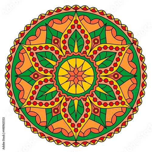 Bright multicolored mandala with beautiful floral pattern, isolated on white background. Vector design.