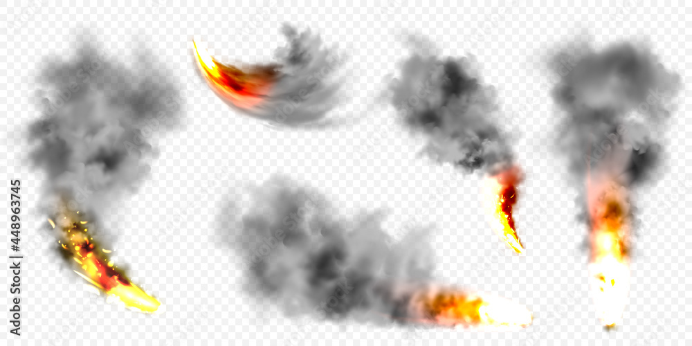 Obraz premium Realistic black smoke clouds and fire. Flame blast, explosion. Stream of smoke from burning objects. Forest fires. Transparent fog effect. Vector design element.