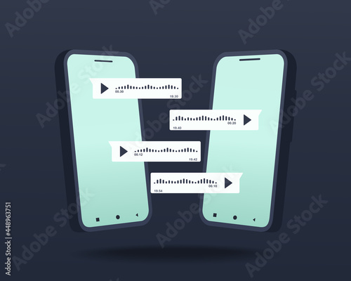 Mobile phone with voice messages bubbles chat. Voice notes. Smartphone sending audio messages. Illustration vector
