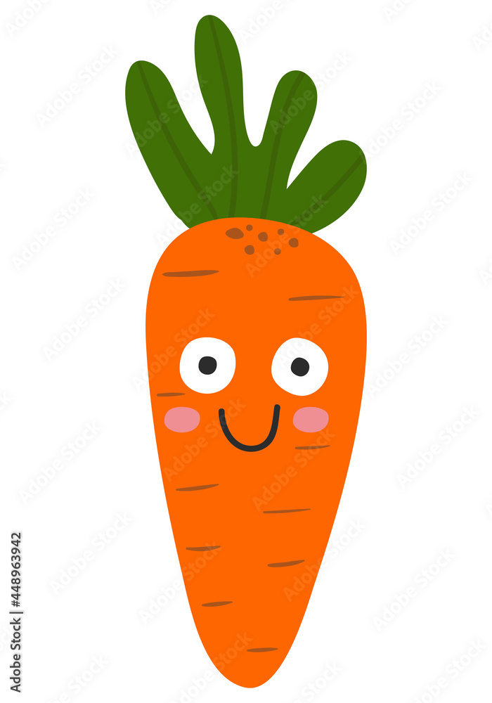 Cute and funny cartoon carrot with face expression. Healthy food doodle vegetable vector illustration. Harvest object in flat style showing emotions. Ingredient for salad Cute and funny cartoon carrot with face expression. Healthy food doodle vegetable vector illustration. Harvest object in flat style showing emotions. Ingredient for salad