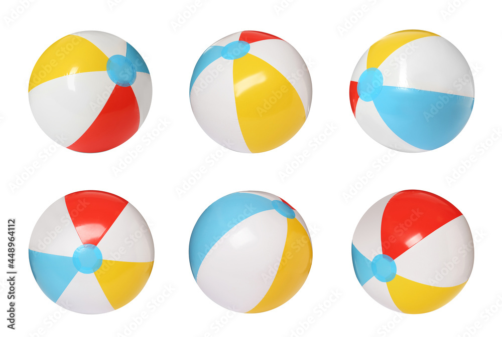 Set with colorful inflatable beach balls on white background Set with colorful inflatable beach balls on white background