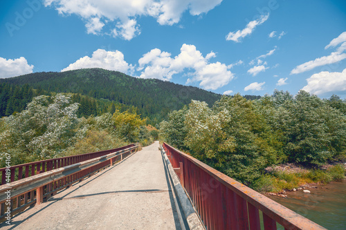 Road bridge over the mountain river in summer