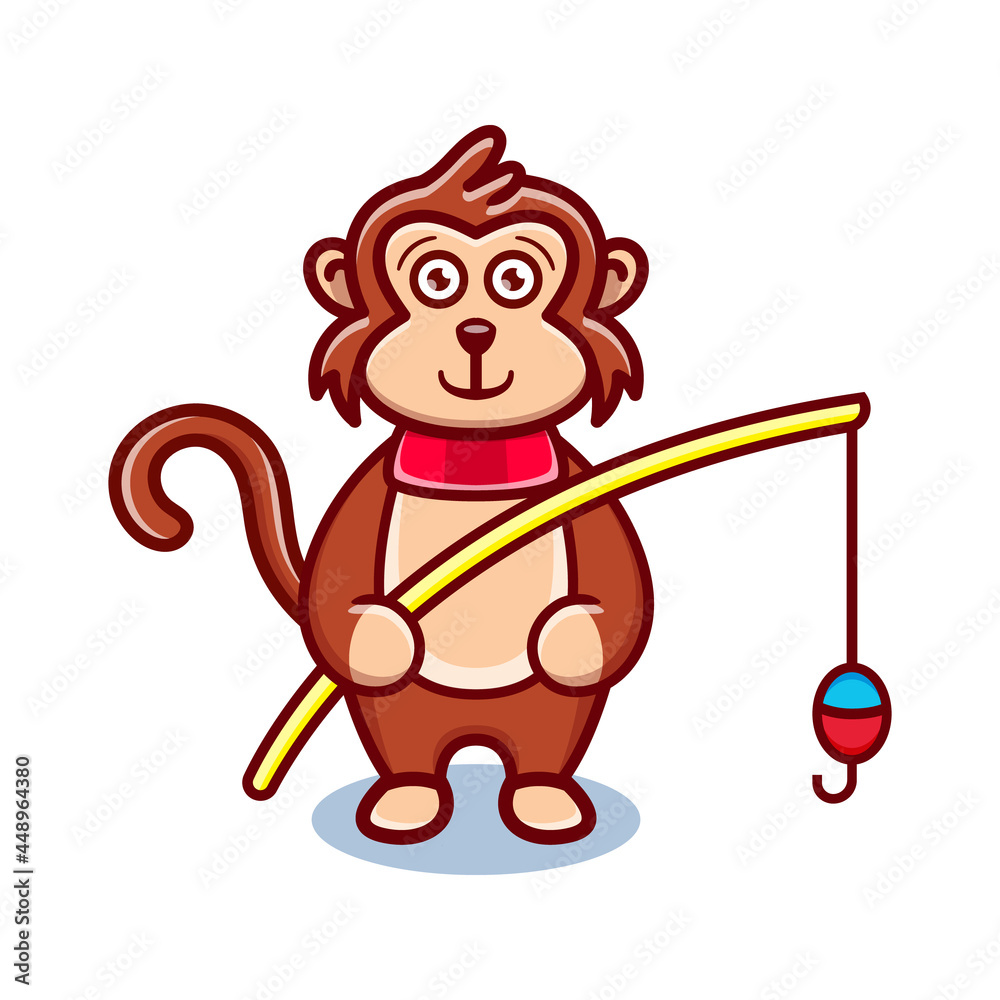cute monkey cartoon animal holding a fishing rod Stock Vector