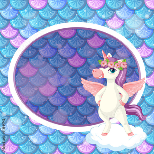 Oval frame template on blue fish scales background with cute unicorn cartoon ...