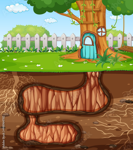 Underground animal hole with ground surface of the garden scene