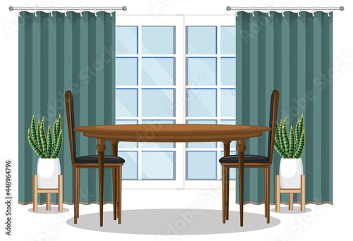 Dining table set with window and green curtain