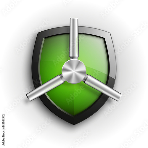 Protection guard shield concept with safety handwheel. Safety badge helm icon. Privacy Safe door handle banner. Security bright label. Presentation shining sticker shield shape. Defense safeguard sign