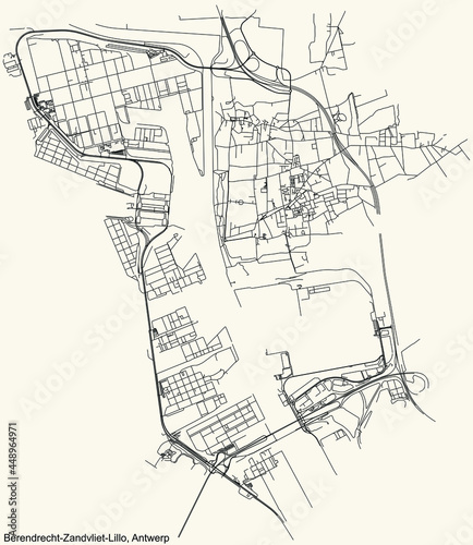 Black simple detailed street roads map on vintage beige background of the quarter Berendrecht-Zandvliet-Lillo district of Antwerp, Belgium