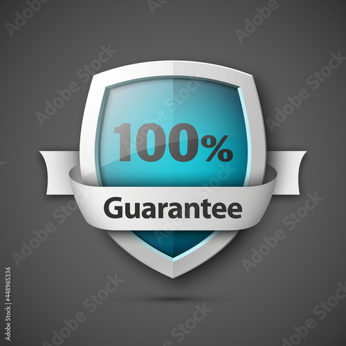 100% Guarantee guard shield concept. 100% safety badge icon. Privacy guarantee shield banner. Security label. Defense Protected tag. Presentation shining sticker shape. Defense safeguard shield