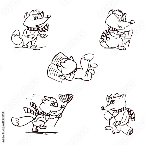 Set of cute fox characters in a scarf and mittens isolated on a white background in sketch style. Vector doodle illustration. The animal reads a book, lies, is sad, runs with a butterfly net