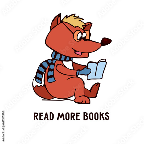 Cute colored fox character with glasses reading a book. Vector doodle style illustration with editable text isolated on white background.