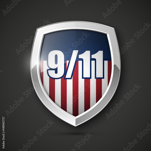 9/11 Patriot Day Poster Template, National holiday in the United States, September 11 in memory. We will never forget. America Shield with Flag Background. illustration for Patriot Day 9.11 photo