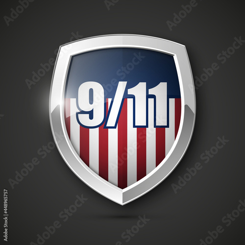 9/11 Patriot Day Poster Template, National holiday in the United States, September 11 in memory. We will never forget. America Shield with Flag Background. illustration for Patriot Day 9.11