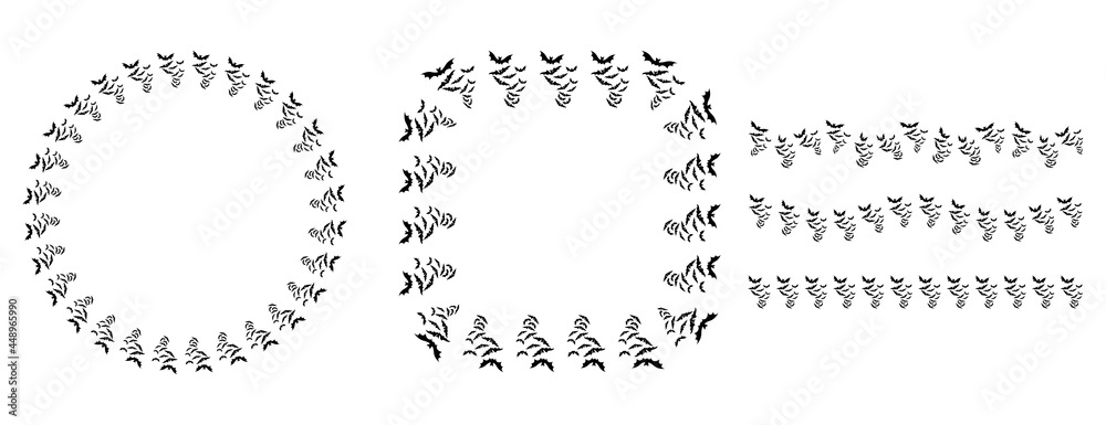 Obraz premium Bat silhouette halloween border, frame and divider set. Simple vector design with spooky symbol. Horror holiday document template with copy space.