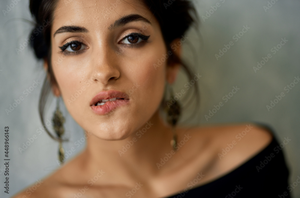 attractive woman in black dress makeup decoration elegant style attractive woman in black dress makeup decoration elegant style