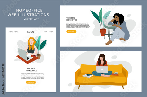 Vector illustrations for business, finance, cover, banner, poster or brochure design. Homeoffice concept. Drawings of work at home. 