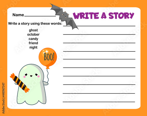 Writing prompt for kids blank. Educational children page. Develop fantasy and writing stories skills. Halloween theme