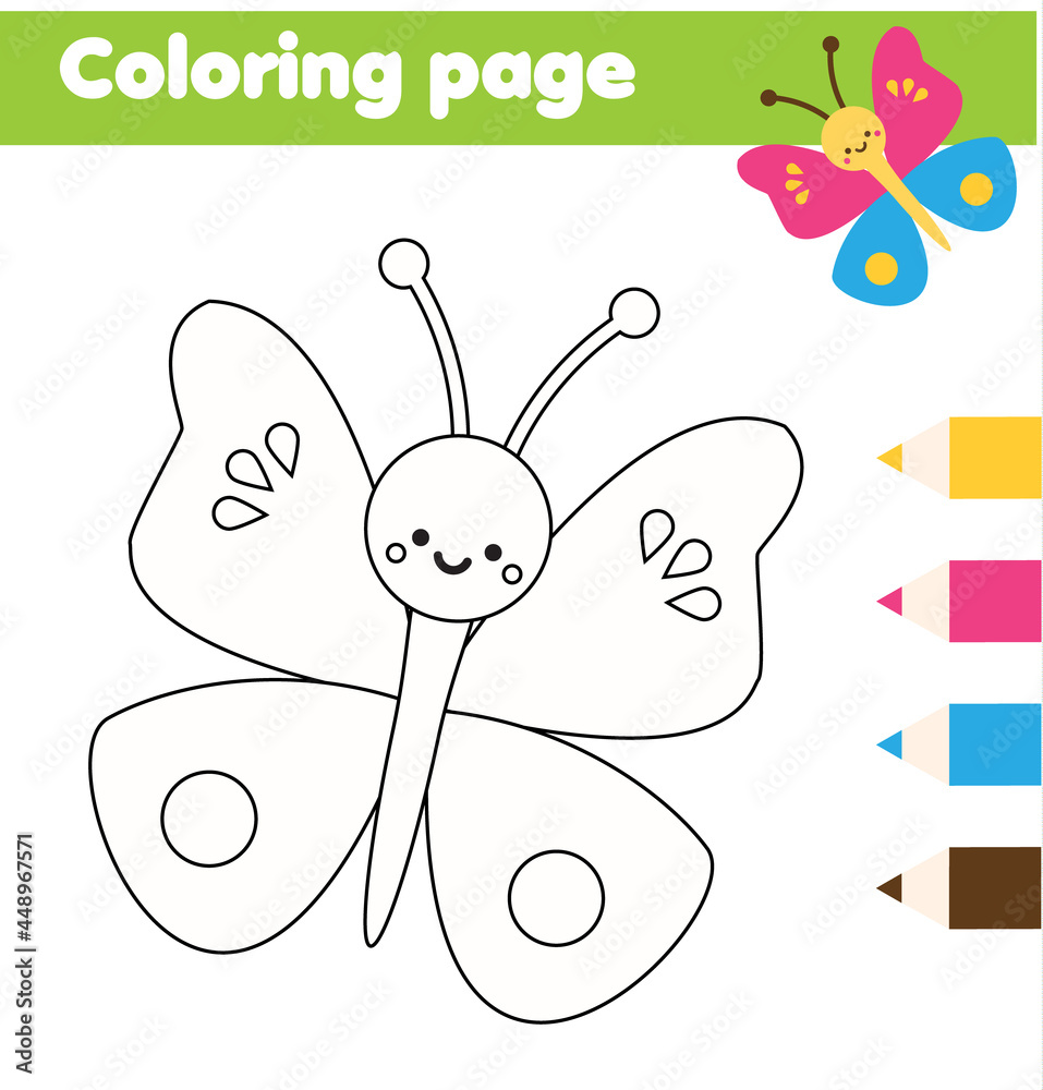 Coloring page with cartoon butterfly. Drawing kids activity. Printable ...