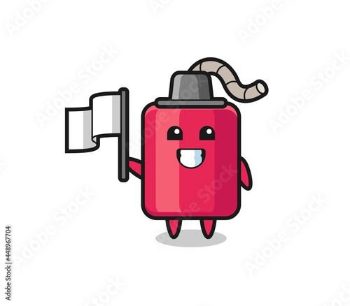 Cartoon character of dynamite holding a flag