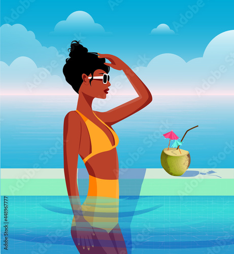 Digital illustration of a girl in summer on vacation swims in the pool at her villa and looks at the ocean