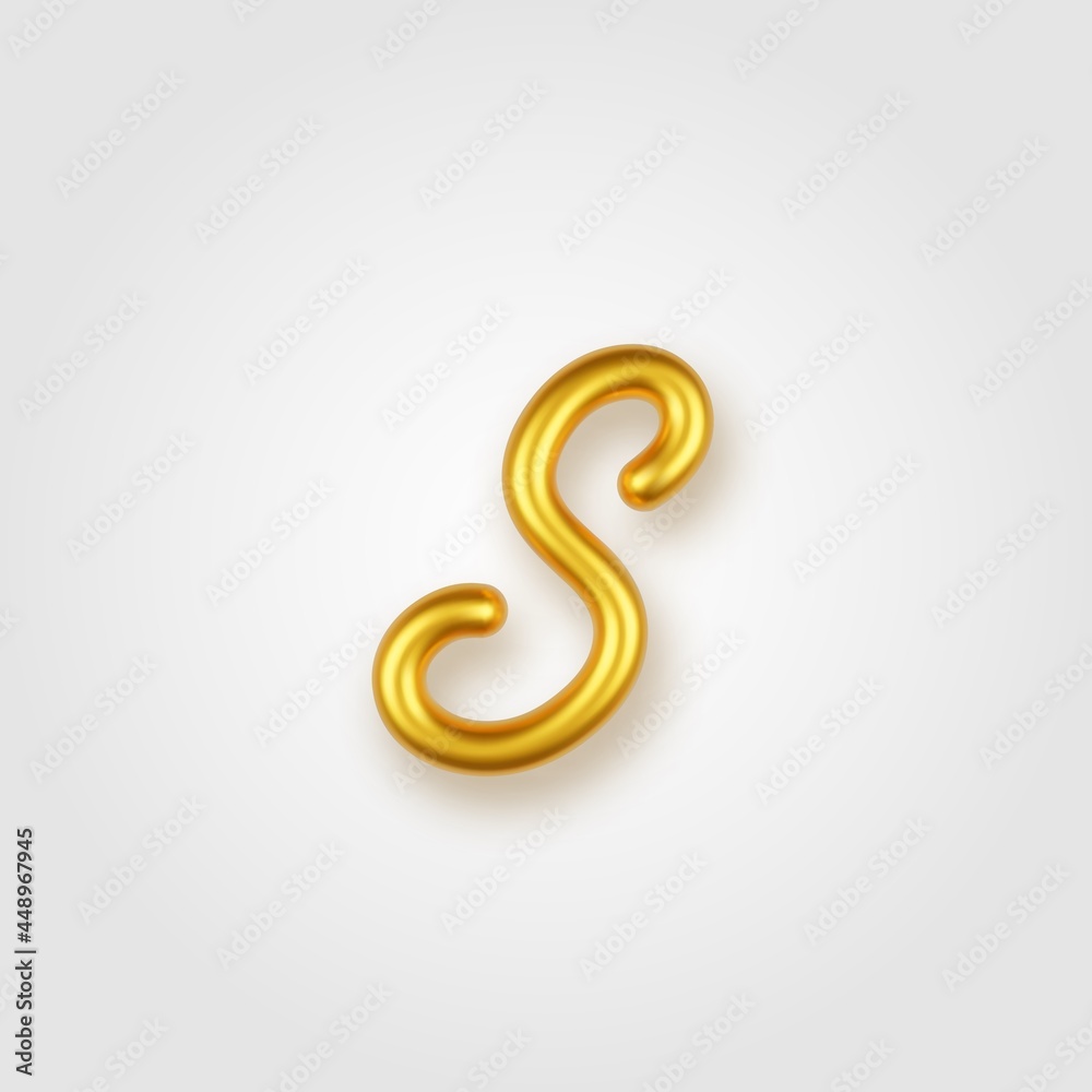 Gold 3d realistic lowercase letter S on a light background.