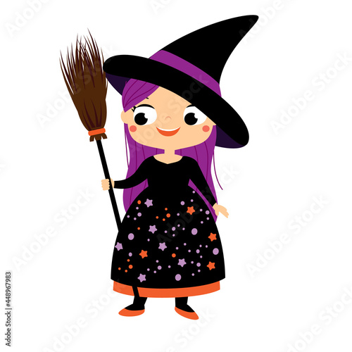 Cartoon Halloween witch with broom. Cute charcter of magician girl in costume for children