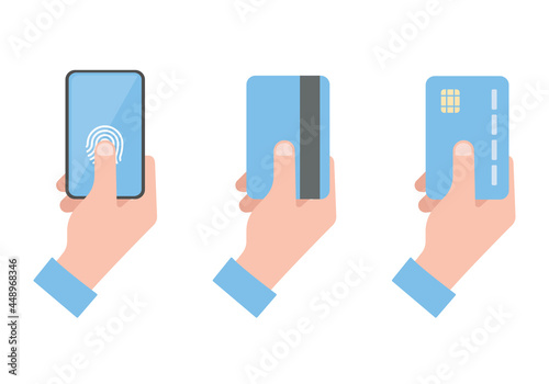 Human hand holding a smartphone and credit card. Colored vector flat illustration. Isolated on white background.