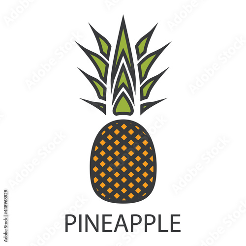 The pineapple icon with the inscription. A delicious yellow fruit with green foliage and a gray outline. A product that causes an allergic reaction. Vector illustration isolated on a white background.