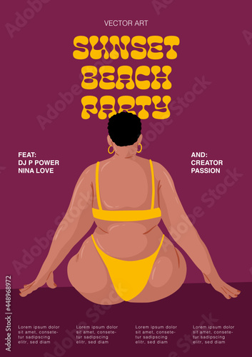 Vector Illustration. Sunset beach party, party poster mockup. Plus size beach body. Bikini body. Body Positivity.
