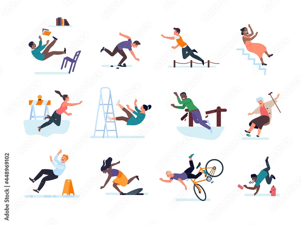 Accidently falling people. Vector set of obstacles on way, emergency traumatic situations, loss of balance and bruises, men and women stumble