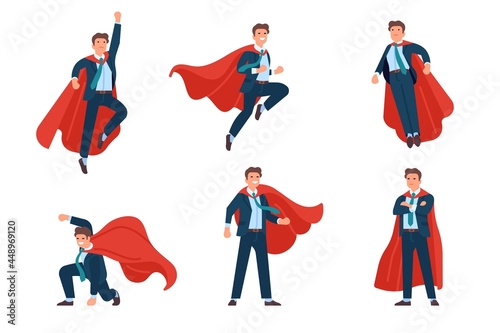 Super businessman poses. Professional superhero office manager character in costume and fluttering cape, vector set of spectacular power poses